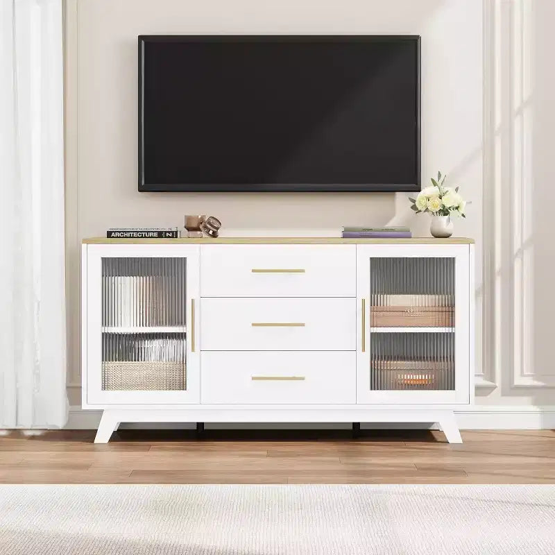 COZONY Mobile Credenza Buffet Moderno con Ante in Vetro Scanalato e 3 Cassetti, Ripiano Regolabile, Console per Sala da Pranzo o Soggiorno