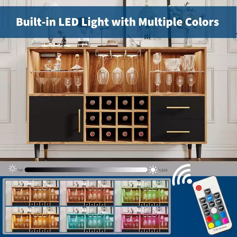 COZONY Mobile Bar con Luci LED e Ricarica, 120 cm, Mobile Bar Moderno con Portabottiglie e Ripiani