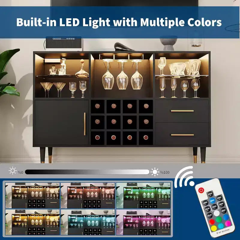 COZONY Mobile Bar con Luci LED e Ricarica, 120 cm, Mobile Bar Moderno con Portabottiglie e Ripiani