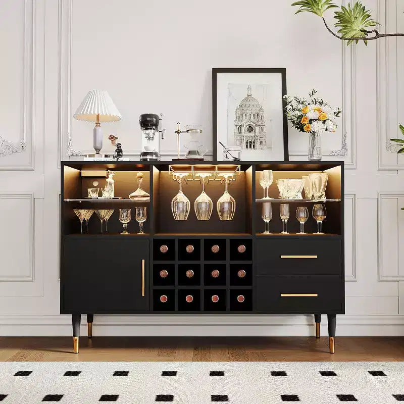 COZONY Mobile Bar con Luci LED e Ricarica, 120 cm, Mobile Bar Moderno con Portabottiglie e Ripiani