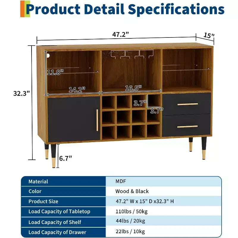 COZONY Mobile Bar con Luci LED e Ricarica, 120 cm, Mobile Bar Moderno con Portabottiglie e Ripiani