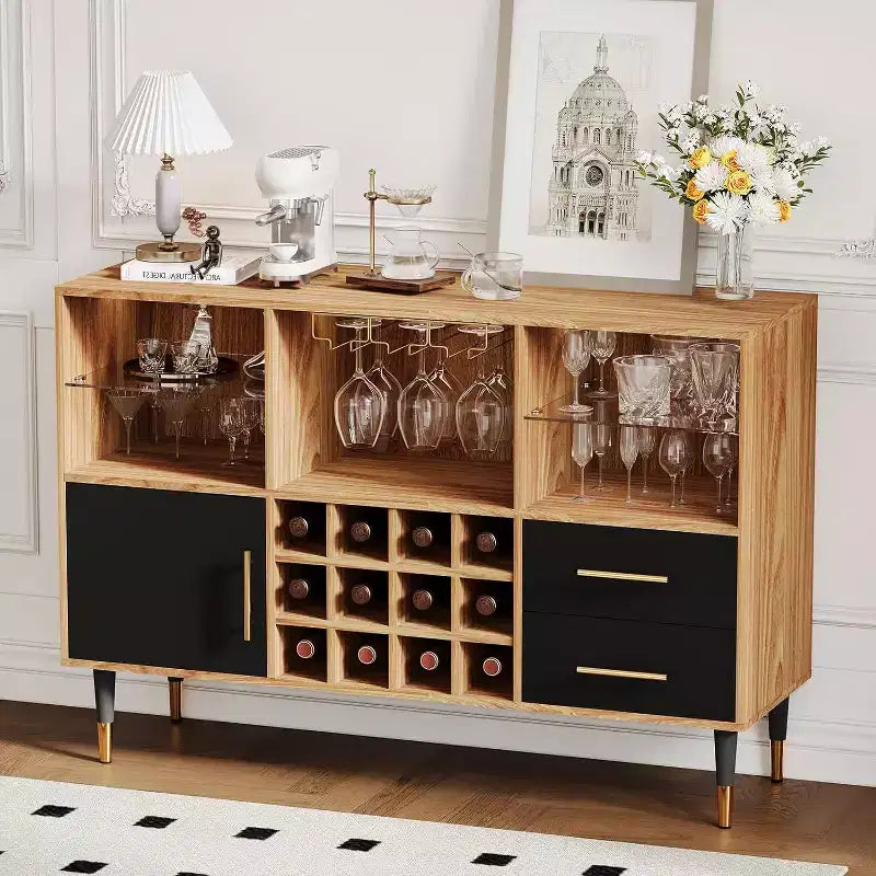 COZONY Mobile Bar con Luci LED e Ricarica, 120 cm, Mobile Bar Moderno con Portabottiglie e Ripiani