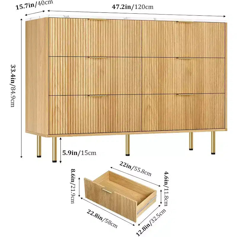 Cassettiera a 6 cassetti, Cassettiera in legno, Cassettiere di design moderno con pannello scanalato per soggiorno, camera da letto, armadio, corridoio, ingresso