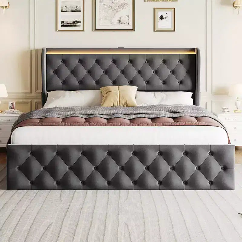 Struttura Letto Matrimoniale King Size TROPOW con Testiera Ad Ali e Bottoni, Letto Imbottito in Velluto con Piattaforma e 4 Cassetti, Nessuna Molla Necessaria