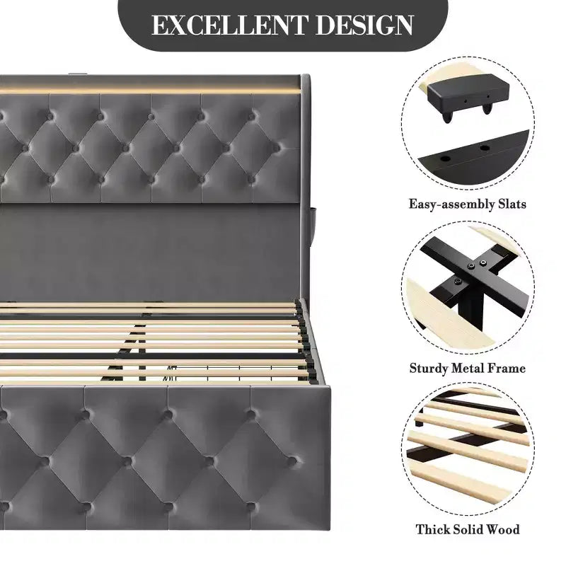 Struttura Letto Matrimoniale King Size TROPOW con Testiera Ad Ali e Bottoni, Letto Imbottito in Velluto con Piattaforma e 4 Cassetti, Nessuna Molla Necessaria