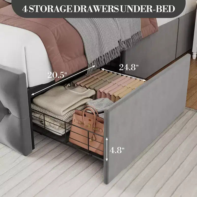 Struttura Letto Matrimoniale King Size TROPOW con Testiera Ad Ali e Bottoni, Letto Imbottito in Velluto con Piattaforma e 4 Cassetti, Nessuna Molla Necessaria