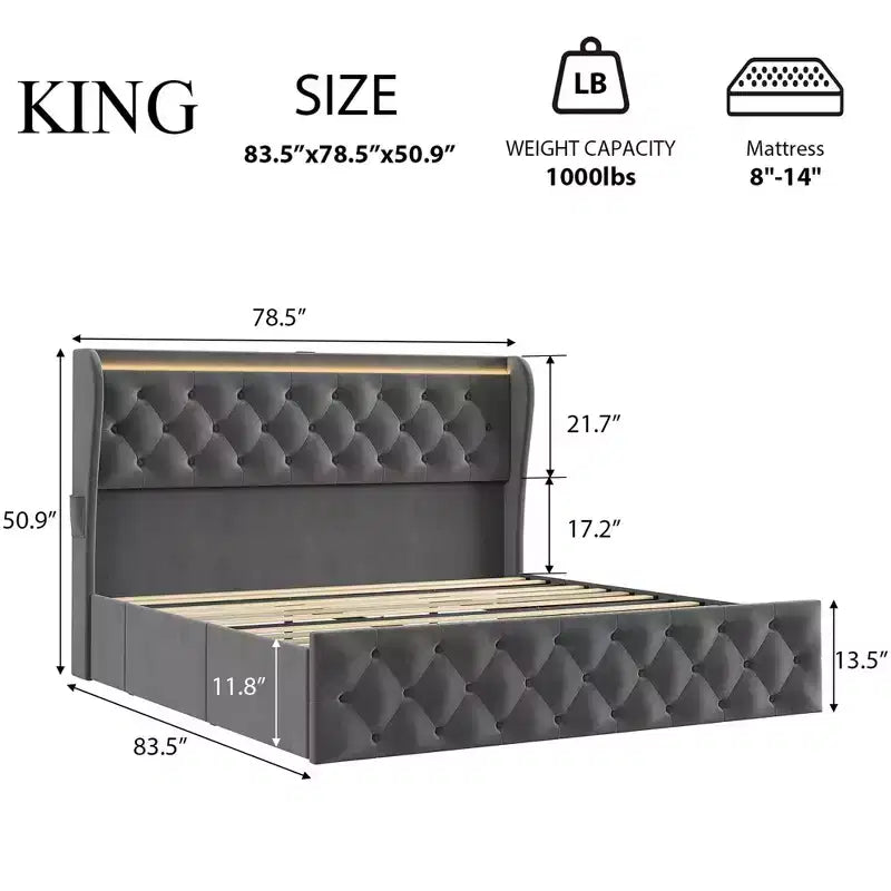 Struttura Letto Matrimoniale King Size TROPOW con Testiera Ad Ali e Bottoni, Letto Imbottito in Velluto con Piattaforma e 4 Cassetti, Nessuna Molla Necessaria
