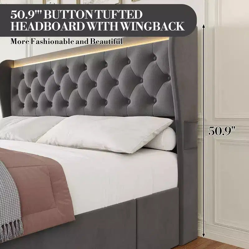 Struttura Letto Matrimoniale King Size TROPOW con Testiera Ad Ali e Bottoni, Letto Imbottito in Velluto con Piattaforma e 4 Cassetti, Nessuna Molla Necessaria