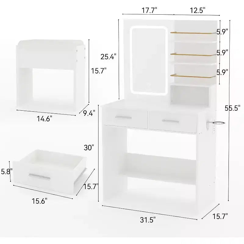 COZONY Scrivania da trucco con specchio e luci, tavolo da trucco con 2 cassetti, ripiani aperti, 3 modalità di illuminazione regolabili per la camera da letto