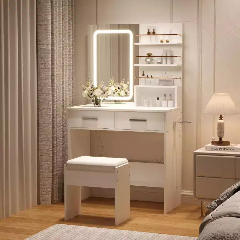 COZONY Scrivania da trucco con specchio e luci, tavolo da trucco con 2 cassetti, ripiani aperti, 3 modalità di illuminazione regolabili per la camera da letto