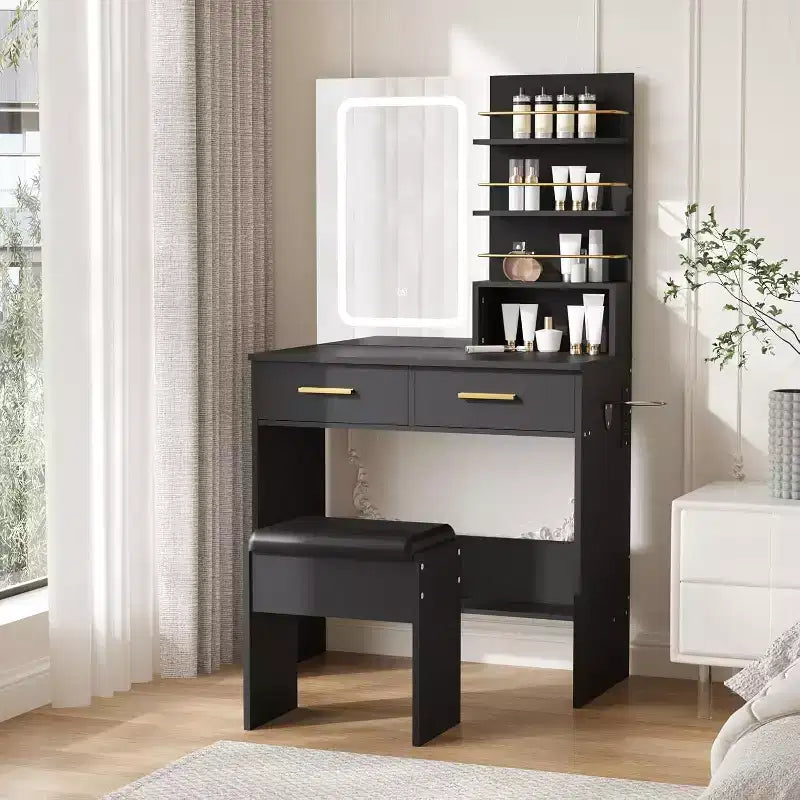 COZONY Scrivania da trucco con specchio e luci, tavolo da trucco con 2 cassetti, ripiani aperti, 3 modalità di illuminazione regolabili per la camera da letto