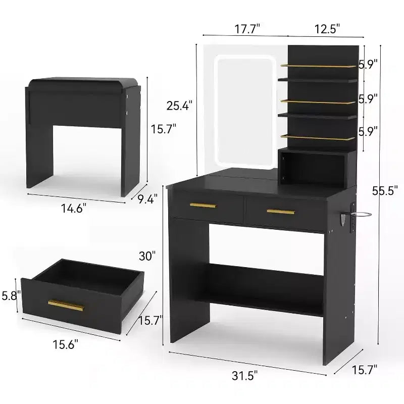 COZONY Scrivania da trucco con specchio e luci, tavolo da trucco con 2 cassetti, ripiani aperti, 3 modalità di illuminazione regolabili per la camera da letto