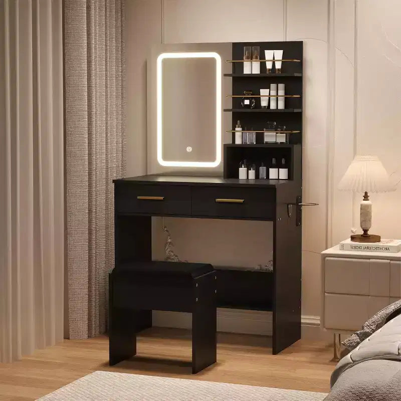 COZONY Scrivania da trucco con specchio e luci, tavolo da trucco con 2 cassetti, ripiani aperti, 3 modalità di illuminazione regolabili per la camera da letto