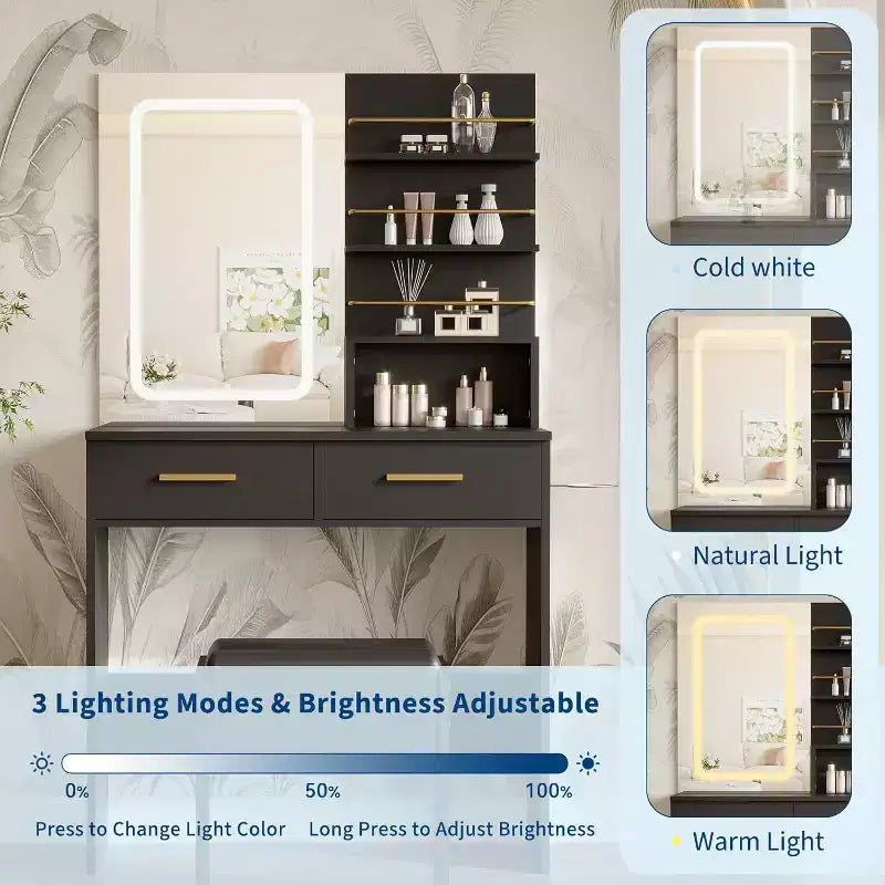 COZONY Scrivania da trucco con specchio e luci, tavolo da trucco con 2 cassetti, ripiani aperti, 3 modalità di illuminazione regolabili per la camera da letto