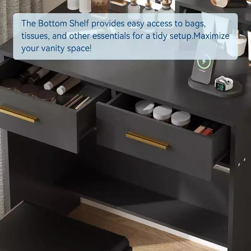 COZONY Scrivania da trucco con specchio e luci, tavolo da trucco con 2 cassetti, ripiani aperti, 3 modalità di illuminazione regolabili per la camera da letto