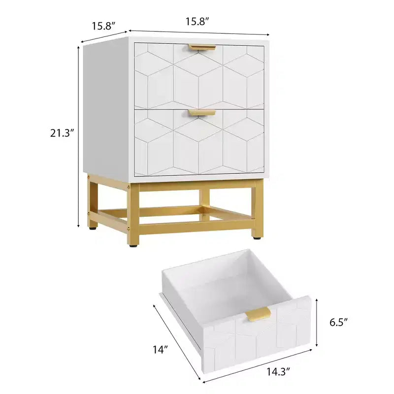 Comodino a 2 cassetti piccolo con base in metallo dorato per soggiorno, corridoio, ingresso