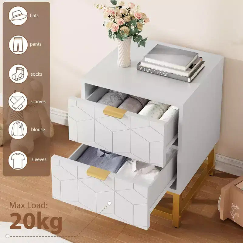Comodino a 2 cassetti piccolo con base in metallo dorato per soggiorno, corridoio, ingresso