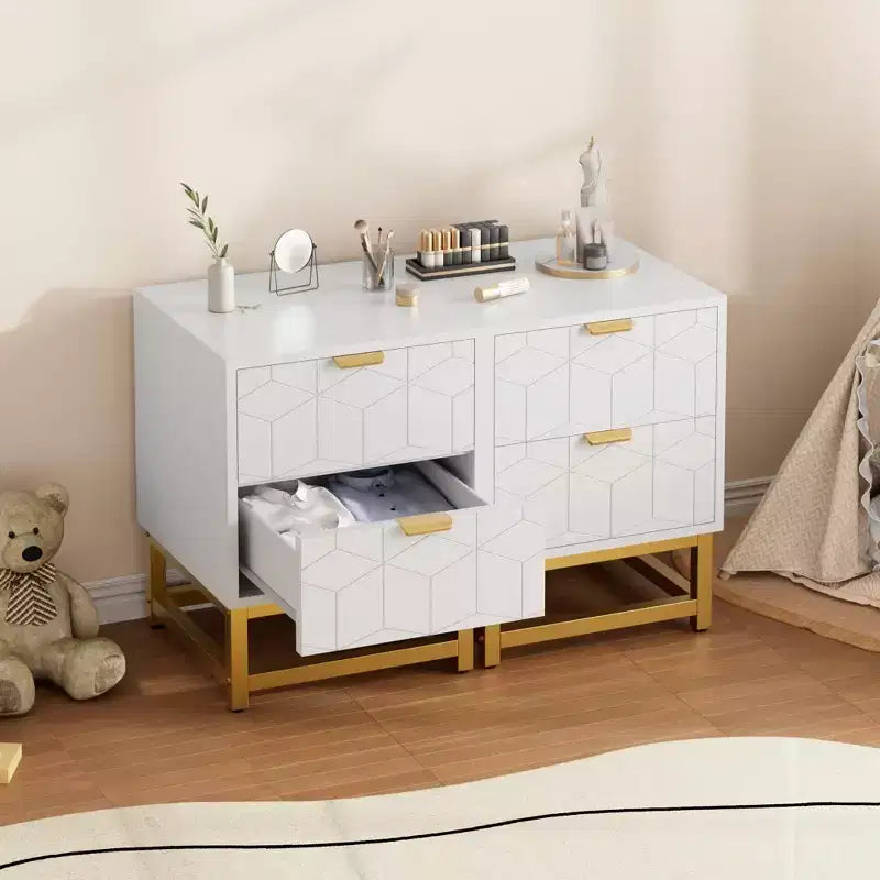 Comodino a 2 cassetti piccolo con base in metallo dorato per soggiorno, corridoio, ingresso