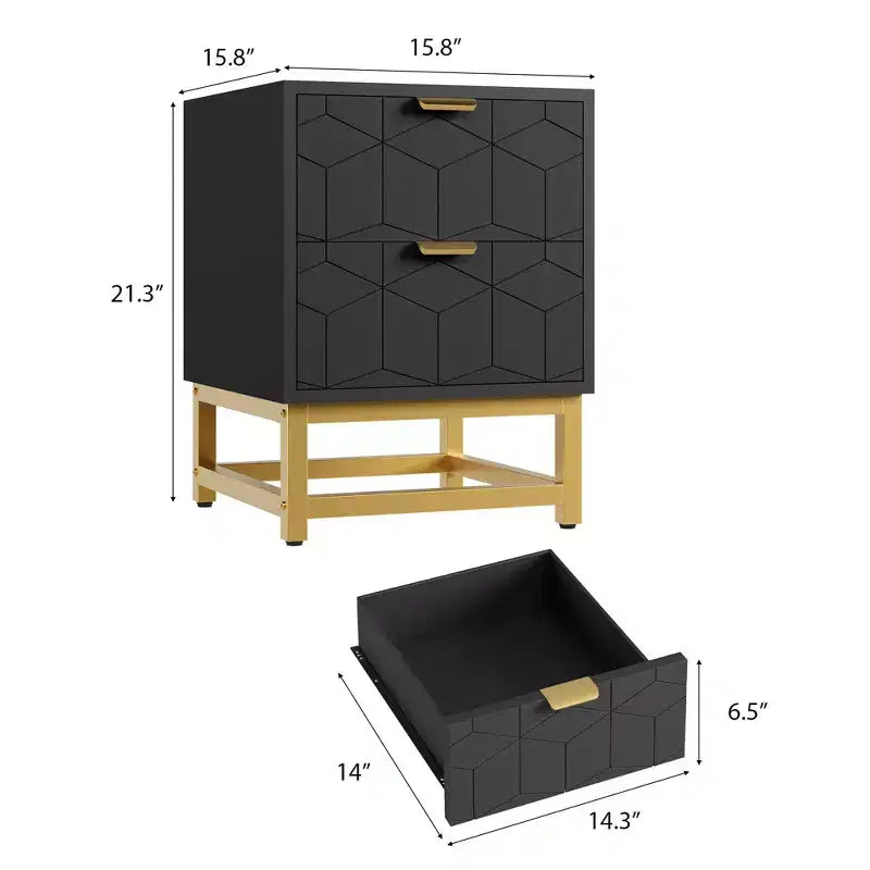 Comodino a 2 cassetti piccolo con base in metallo dorato per soggiorno, corridoio, ingresso
