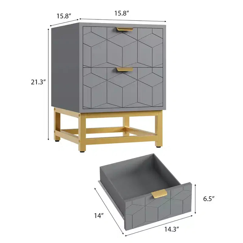 Comodino a 2 cassetti piccolo con base in metallo dorato per soggiorno, corridoio, ingresso