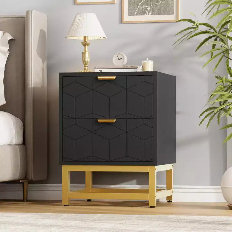 Small 2 Drawer Dresser with Gold Metal Base for Living Room, Hallway, Entryway, Nightstand