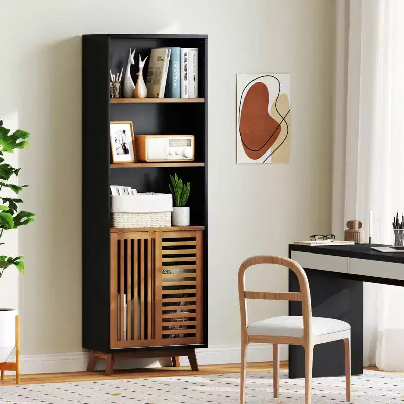 Costway Libreria 70, Scaffale a 5 Livelli con Ripiano Regolabile Reversibile e Ante Scorrevoli