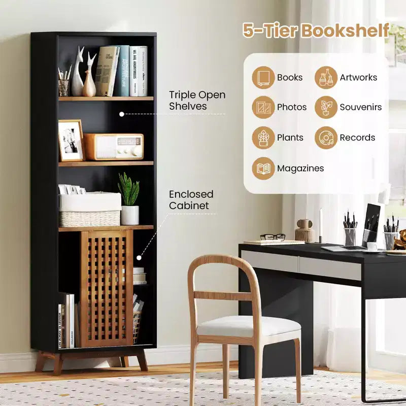 Costway Libreria 70, Scaffale a 5 Livelli con Ripiano Regolabile Reversibile e Ante Scorrevoli