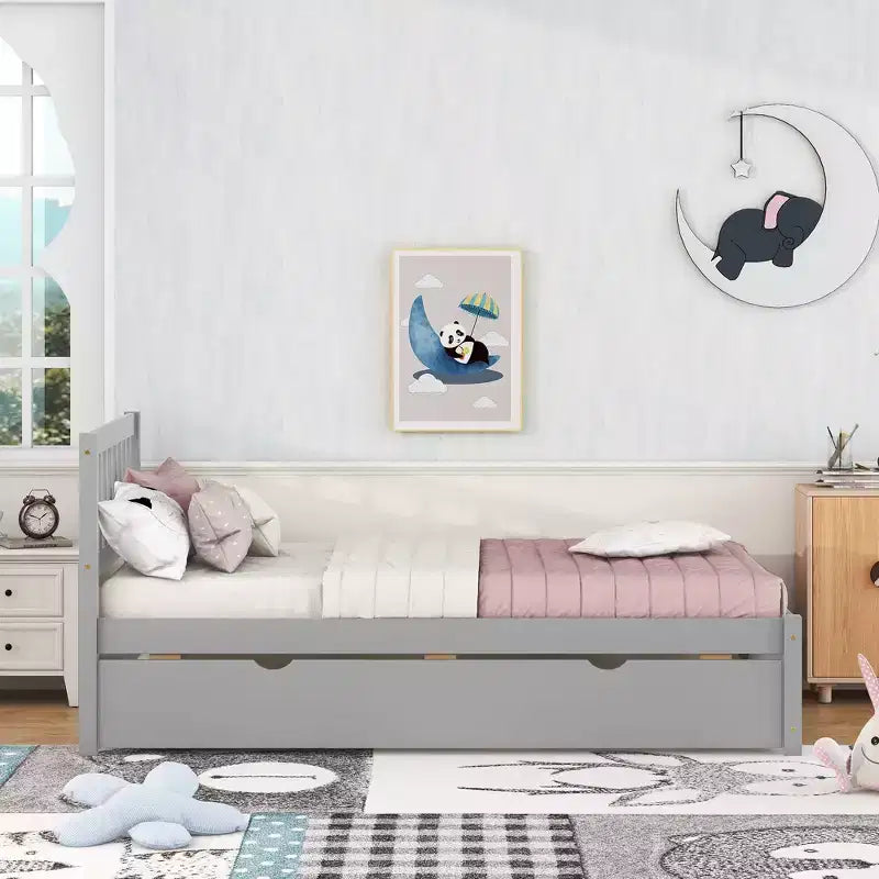 Bellemave Struttura Letto Singolo con Letto Estraibile, Letto a Piattaforma in Legno con Testiera, Struttura Letto Singolo per Bambini, Ragazzi, Adulti, Non Serve Rete a Molle, Grigio