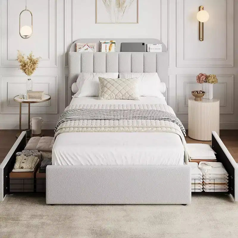 Coolmee Letto Matrimoniale/Una Piazza e Mezza/Queen Size con Testiera Contenitore, Letto per Ragazze con 2 Cassetti, Letto a Piattaforma Imbottito in Bouclé con Libreria