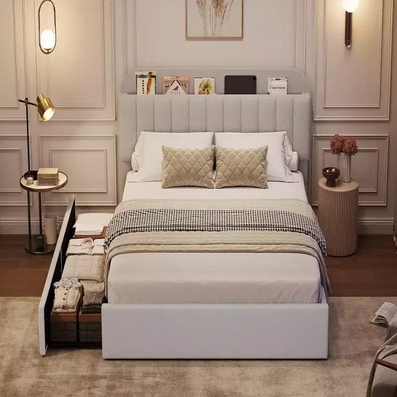 Coolmee Letto Matrimoniale/Una Piazza e Mezza/Queen Size con Testiera Contenitore, Letto per Ragazze con 2 Cassetti, Letto a Piattaforma Imbottito in Bouclé con Libreria