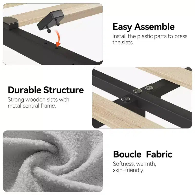 Coolmee Letto Matrimoniale/Una Piazza e Mezza/Queen Size con Testiera Contenitore, Letto per Ragazze con 2 Cassetti, Letto a Piattaforma Imbottito in Bouclé con Libreria