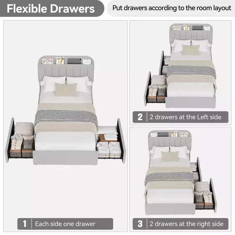 Coolmee Letto Matrimoniale/Una Piazza e Mezza/Queen Size con Testiera Contenitore, Letto per Ragazze con 2 Cassetti, Letto a Piattaforma Imbottito in Bouclé con Libreria