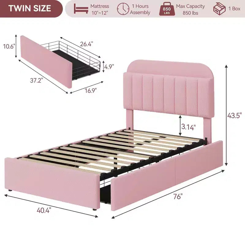 Coolmee Letto Matrimoniale/Una Piazza e Mezza/Queen Size con Testiera Contenitore, Letto per Ragazze con 2 Cassetti, Letto a Piattaforma Imbottito in Bouclé con Libreria