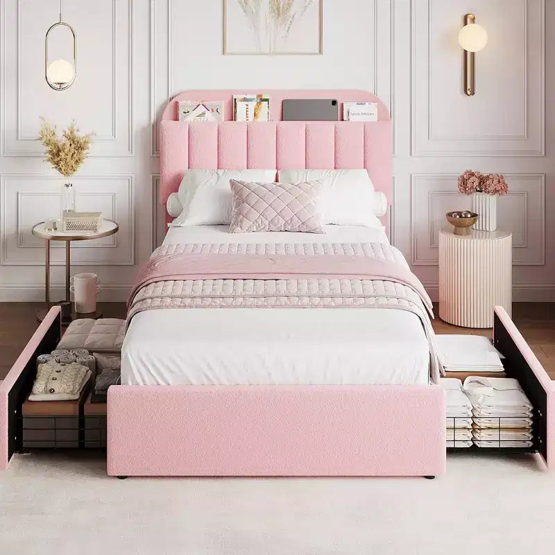 Coolmee Letto Matrimoniale/Una Piazza e Mezza/Queen Size con Testiera Contenitore, Letto per Ragazze con 2 Cassetti, Letto a Piattaforma Imbottito in Bouclé con Libreria