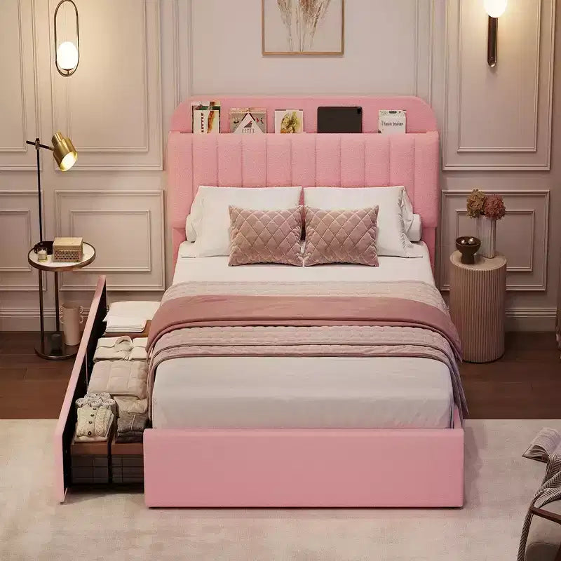 Coolmee Letto Matrimoniale/Una Piazza e Mezza/Queen Size con Testiera Contenitore, Letto per Ragazze con 2 Cassetti, Letto a Piattaforma Imbottito in Bouclé con Libreria