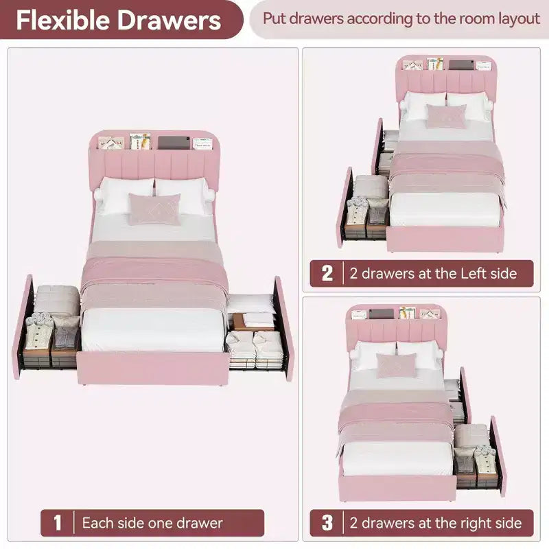 Coolmee Letto Matrimoniale/Una Piazza e Mezza/Queen Size con Testiera Contenitore, Letto per Ragazze con 2 Cassetti, Letto a Piattaforma Imbottito in Bouclé con Libreria
