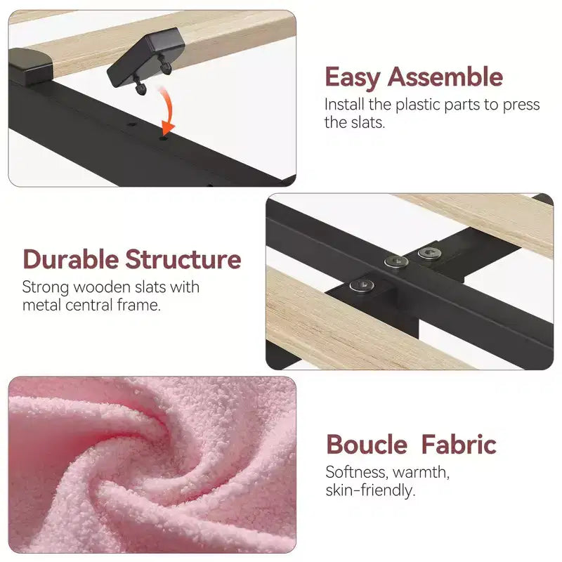 Coolmee Letto Matrimoniale/Una Piazza e Mezza/Queen Size con Testiera Contenitore, Letto per Ragazze con 2 Cassetti, Letto a Piattaforma Imbottito in Bouclé con Libreria