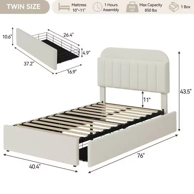 Coolmee Letto Matrimoniale/Una Piazza e Mezza/Queen Size con Testiera Contenitore, Letto per Ragazze con 2 Cassetti, Letto a Piattaforma Imbottito in Bouclé con Libreria