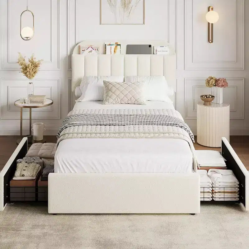 Coolmee Letto Matrimoniale/Una Piazza e Mezza/Queen Size con Testiera Contenitore, Letto per Ragazze con 2 Cassetti, Letto a Piattaforma Imbottito in Bouclé con Libreria