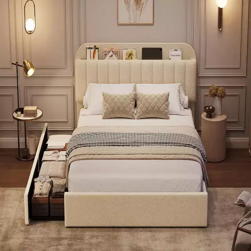 Coolmee Letto Matrimoniale/Una Piazza e Mezza/Queen Size con Testiera Contenitore, Letto per Ragazze con 2 Cassetti, Letto a Piattaforma Imbottito in Bouclé con Libreria