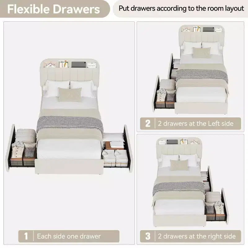 Coolmee Letto Matrimoniale/Una Piazza e Mezza/Queen Size con Testiera Contenitore, Letto per Ragazze con 2 Cassetti, Letto a Piattaforma Imbottito in Bouclé con Libreria