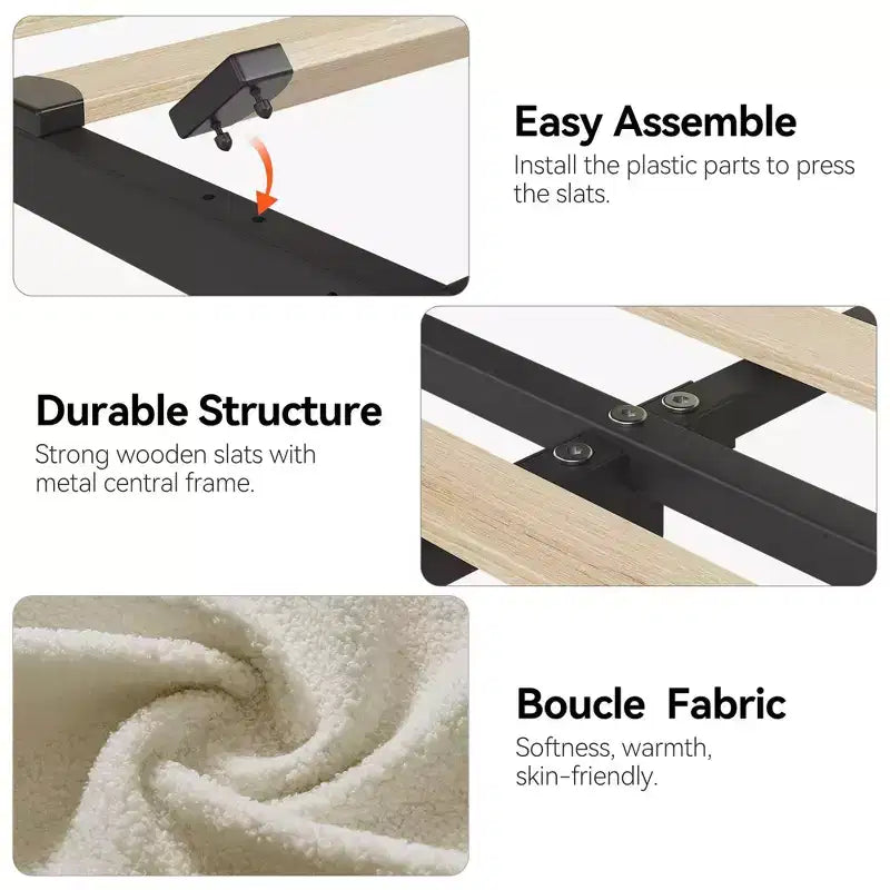 Coolmee Letto Matrimoniale/Una Piazza e Mezza/Queen Size con Testiera Contenitore, Letto per Ragazze con 2 Cassetti, Letto a Piattaforma Imbottito in Bouclé con Libreria
