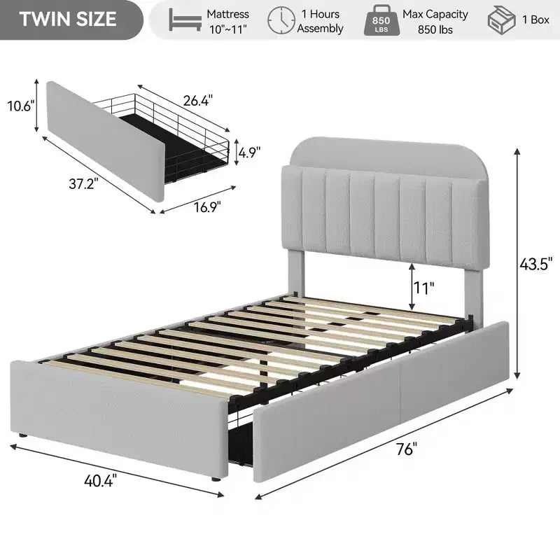Coolmee Letto Matrimoniale/Una Piazza e Mezza/Queen Size con Testiera Contenitore, Letto per Ragazze con 2 Cassetti, Letto a Piattaforma Imbottito in Bouclé con Libreria