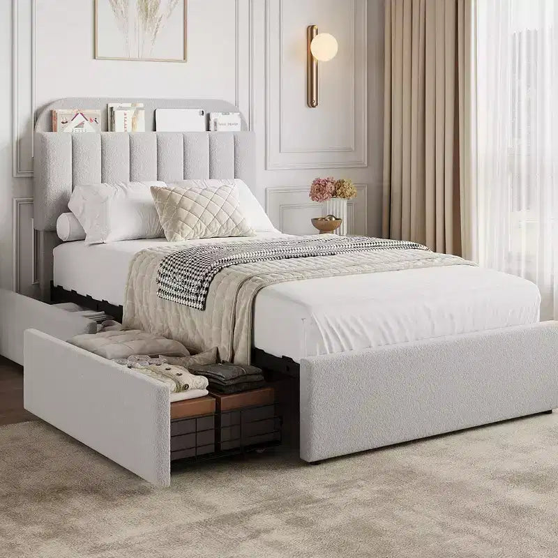 Coolmee Letto Matrimoniale/Una Piazza e Mezza/Queen Size con Testiera Contenitore, Letto per Ragazze con 2 Cassetti, Letto a Piattaforma Imbottito in Bouclé con Libreria