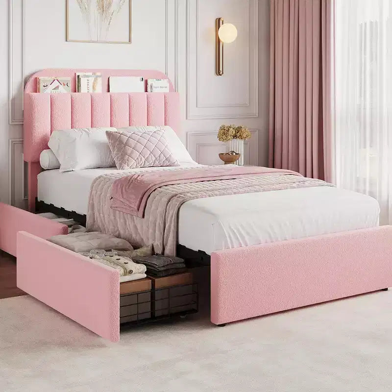 Coolmee Letto Matrimoniale/Una Piazza e Mezza/Queen Size con Testiera Contenitore, Letto per Ragazze con 2 Cassetti, Letto a Piattaforma Imbottito in Bouclé con Libreria