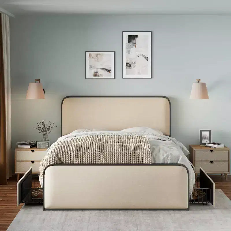 Telaio letto Whisen King Modern in metallo con testiera imbottita e 4 cassetti - Beige