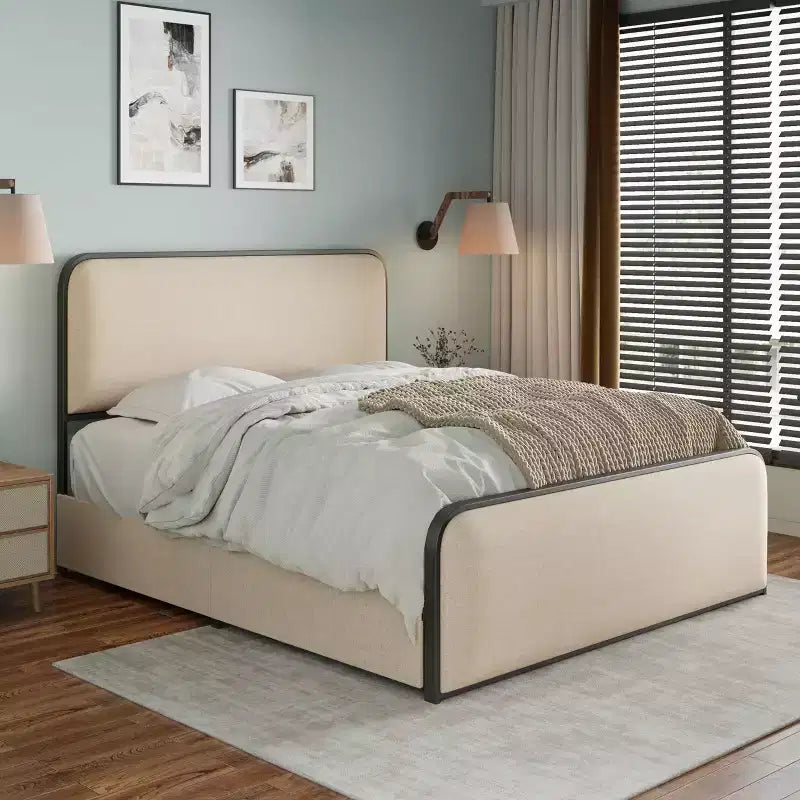 Telaio letto Whisen King Modern in metallo con testiera imbottita e 4 cassetti - Beige