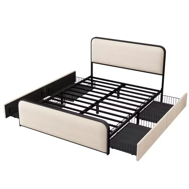 Telaio letto Whisen King Modern in metallo con testiera imbottita e 4 cassetti - Beige