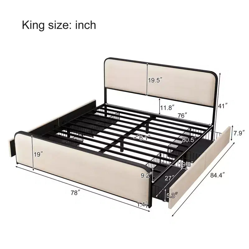 Telaio letto Whisen King Modern in metallo con testiera imbottita e 4 cassetti - Beige