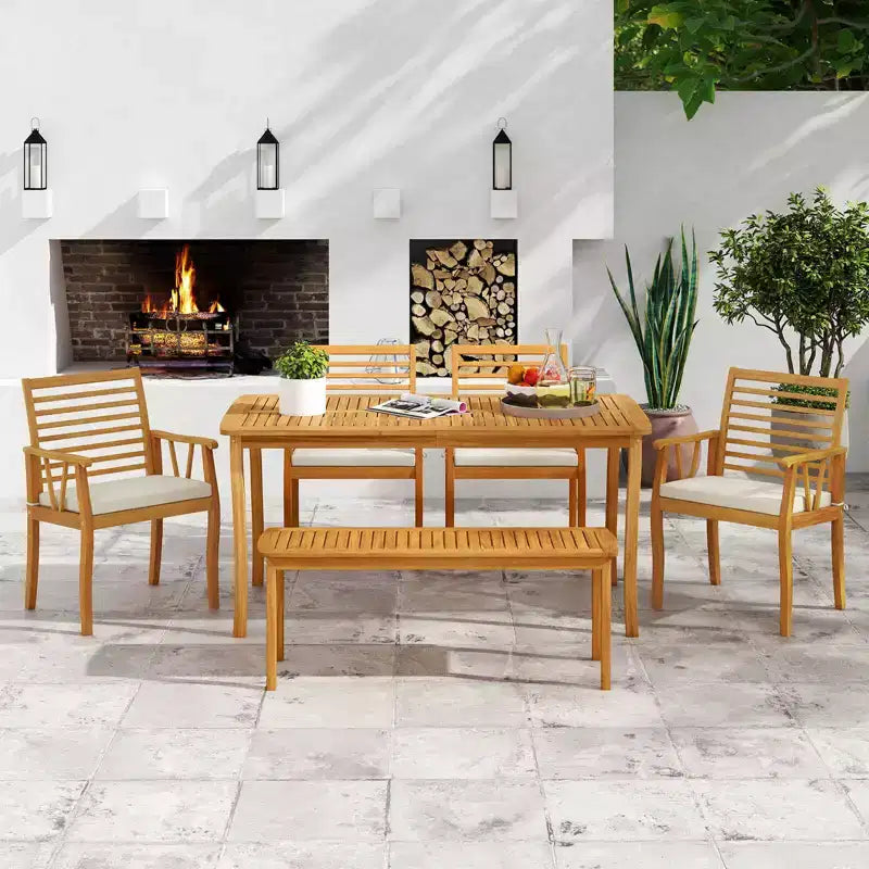 Costway 6PSCPatioDiningSet AcaciaWoodTableandBenchChairswith 1.97 Umbrella Hole